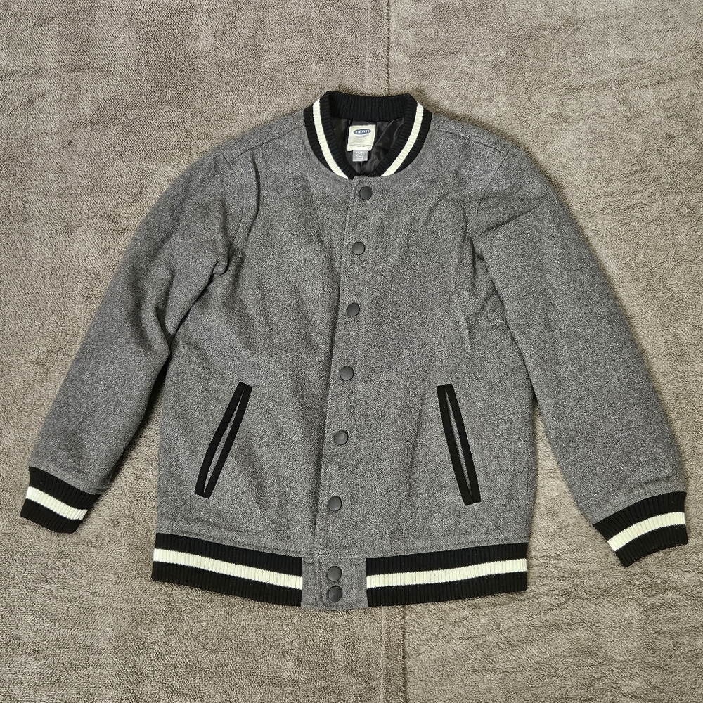 Old Navy Varsity Jacket Wool Blend Lined Size XL 14/16 Gray & Black